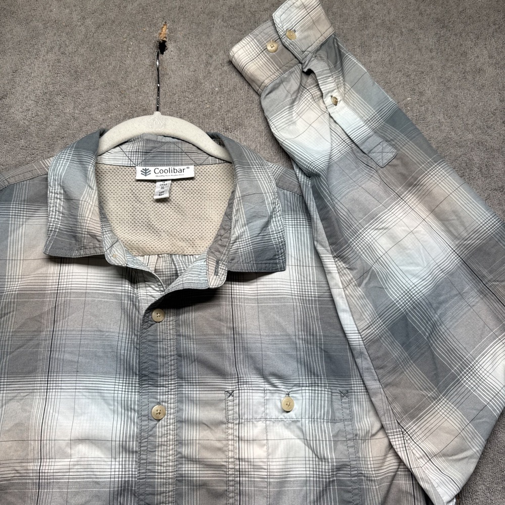 Coolibar Men's XL Plaid Button Up Shirt UPF 50+ Gray Blue Outdoor Travel